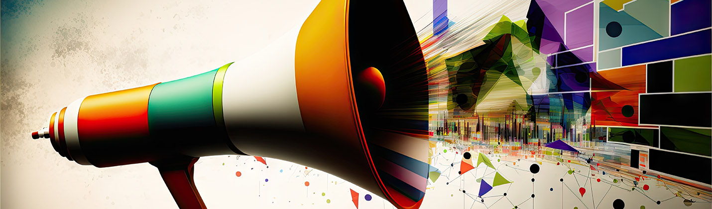 Abstract financial charts with megaphone in foreground, created with generative ai