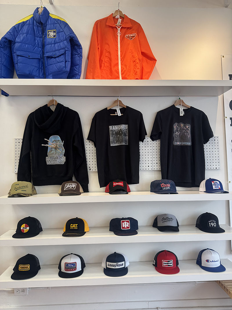 Caps, Tshirts and jackets on display