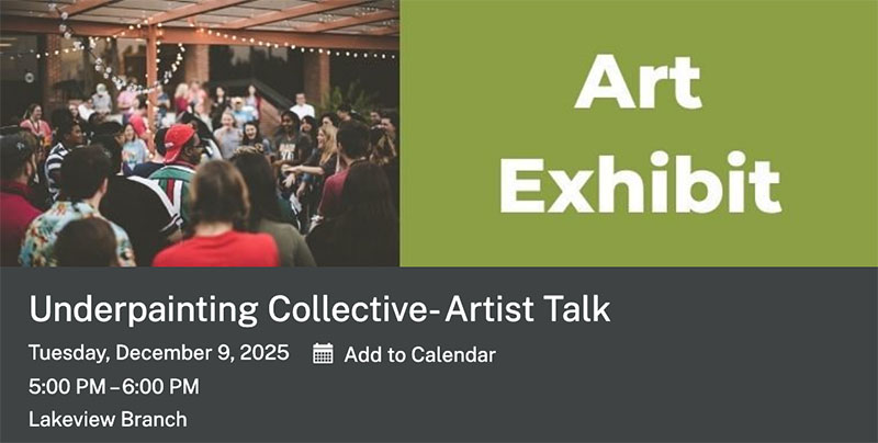 Artist talk promo with picture of people at a mixer