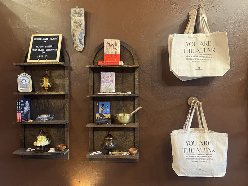 display of totebags and knicknacks